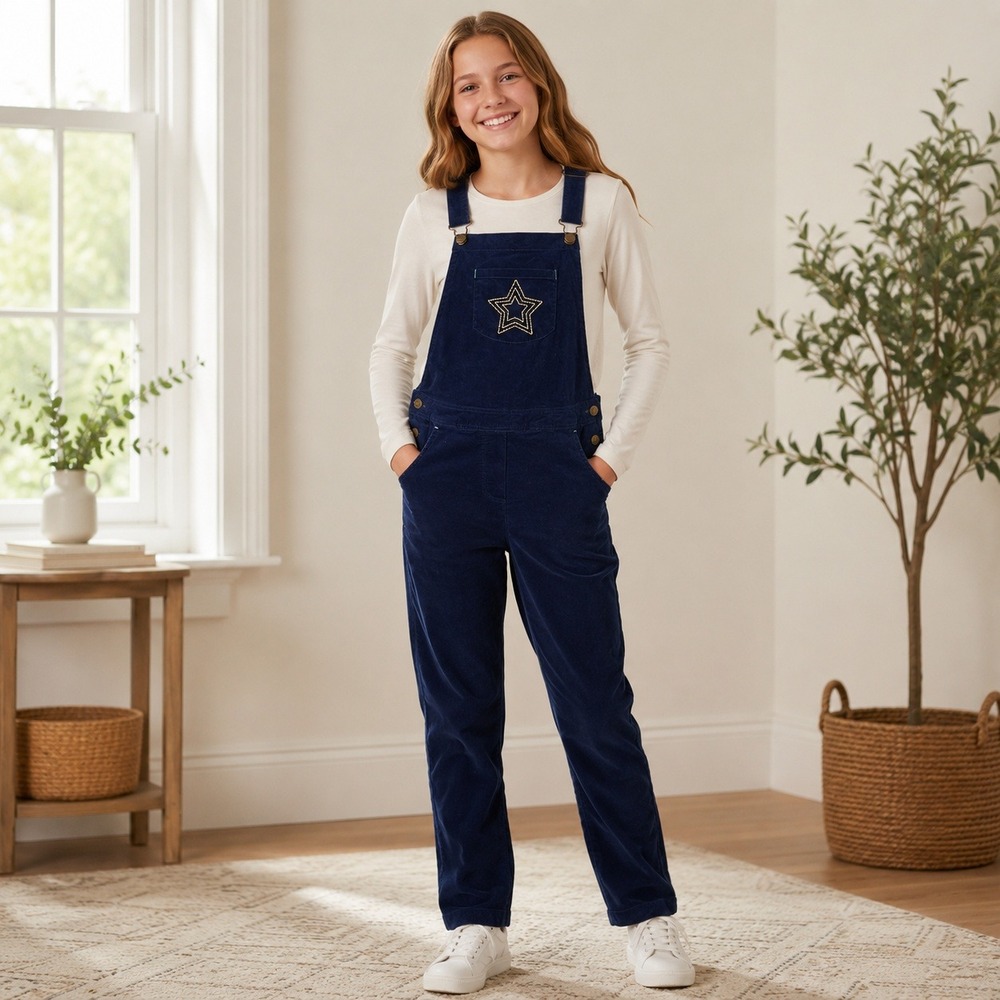 Boden Girls 13-14Y Navy Velvet Overalls Gold Star Embroidered 164cm